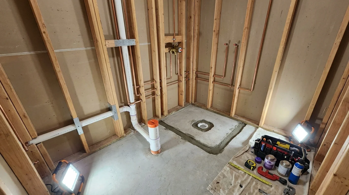 Bathroom rough-in plumbing during remodel by Johns Plumbing LLC in Hale Center