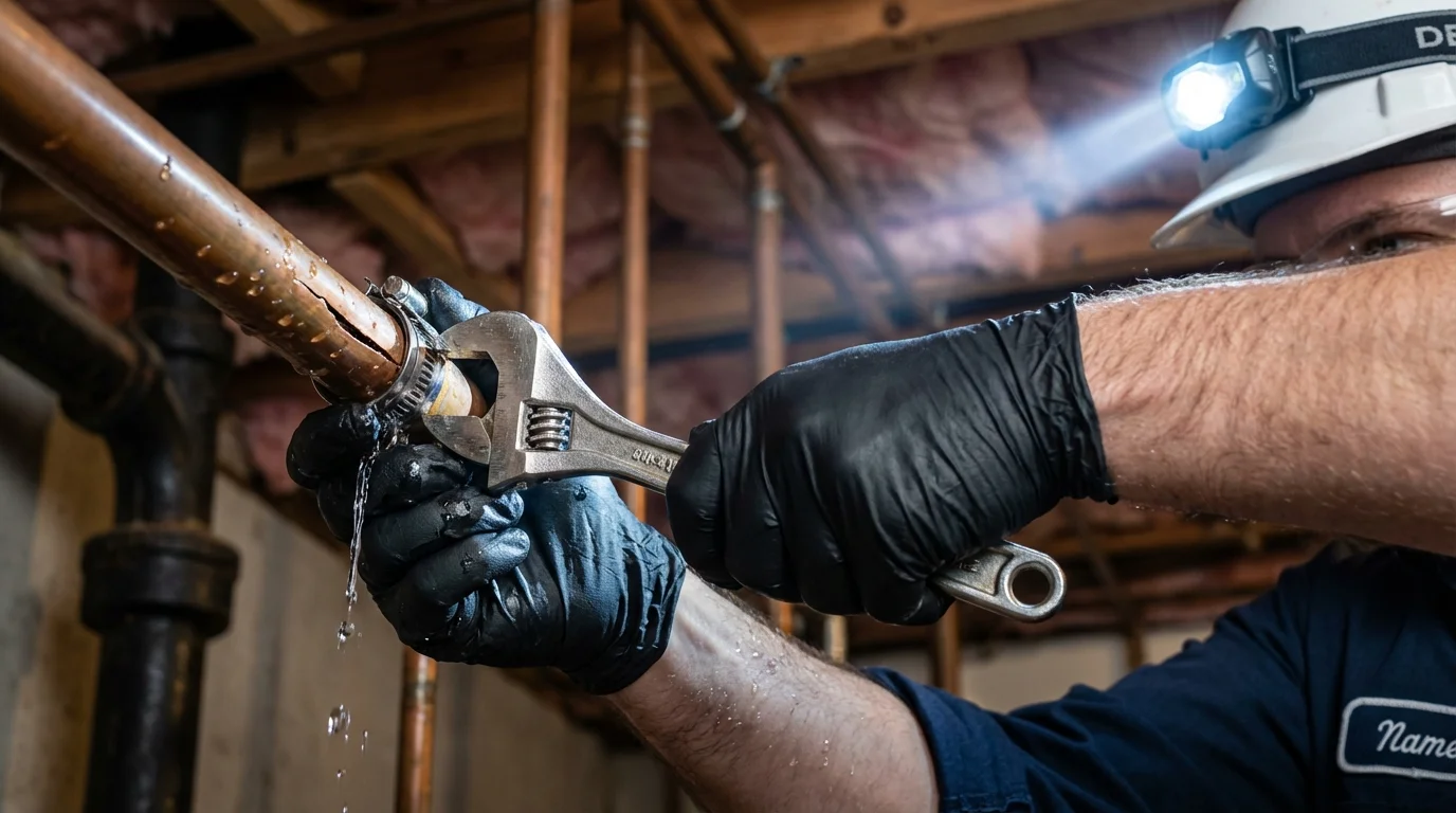 Emergency pipe clamp repair being performed by a Johns Plumbing LLC plumber in Hale Center