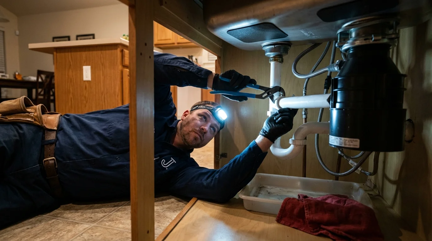 P-trap and supply line connections under a kitchen sink showing a common leak point in Hale Center, TX